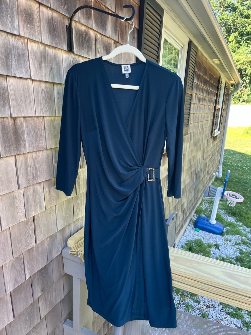 Anne Klein Wrap Midi Dress with Buckle, SIZE MEDIUM, Deep Green Blue